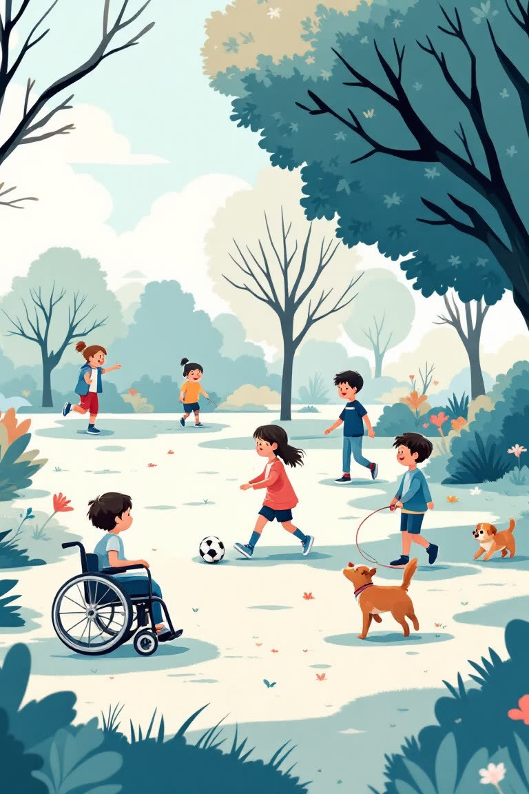Children having fun in a park: a girl plays football, a boy runs, another boy walks his dog, a boy in a wheelchair watches, and a little dog plays